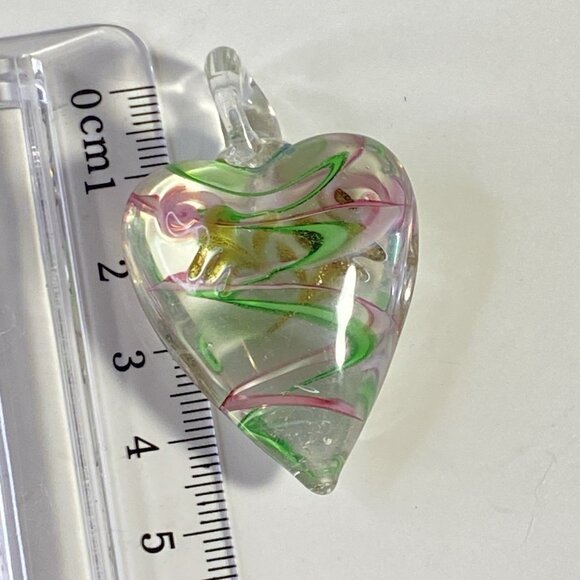 Artisan Hand Blown Glass Swirl Stripe Green Pink HEART Rose Pendant - Picture 5 of 6
